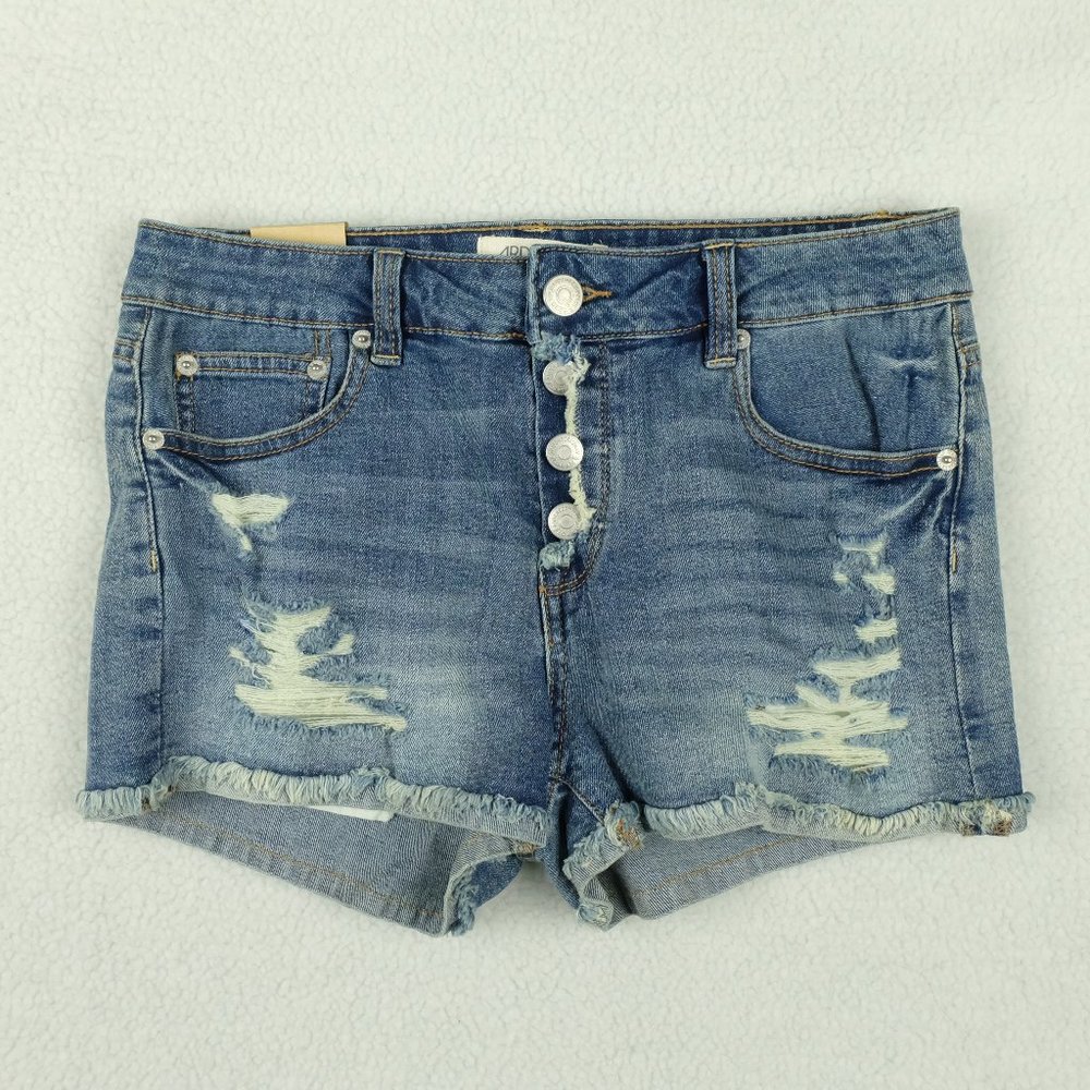 Ardene Girls Denim Short Shorts 7 Distressed Medium Wash Button Fly Retro 80s
